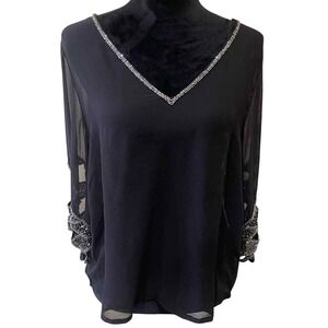 BKE Boutique Women Medium* Sheer Blouse Black Beaded V-Neck Open Back Whimsigoth